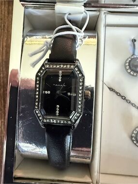 Tahari Black Leather Strap Crystal-Trim Octagonal Women’s Watch and Earring set